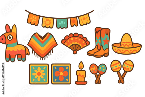 Celebration items for a colorful party featuring traditional Mexican