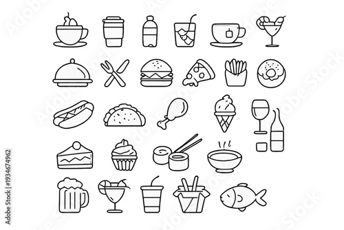 Different types of food and drinks presented in simple drawings