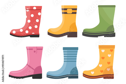 Rubber boots icon set isolated on white background. Collection of colorful rubber boots.