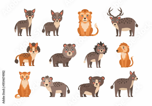 Collection of Various Cartoon Wild Animals.