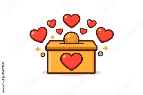 Voting box with heart symbols surrounded by floating hearts in a