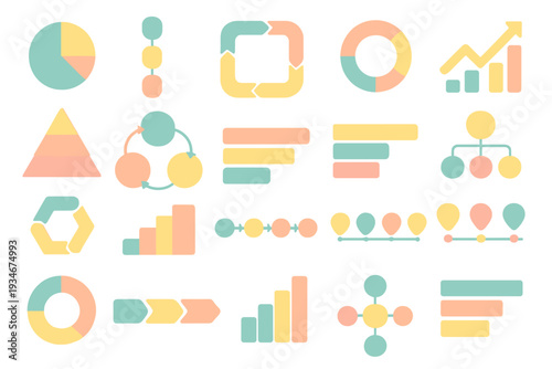 Colorful charts and diagrams arranged in a grid showing data
