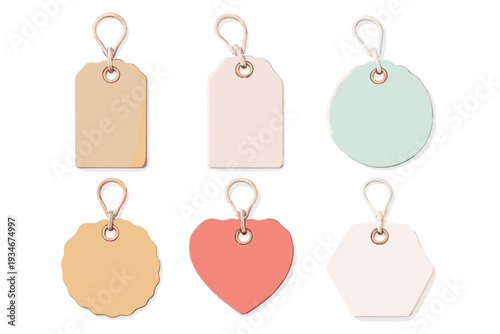 Different shapes and colors of tag items displayed on a plain