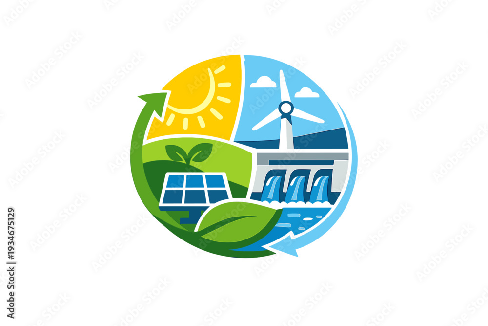 Obraz premium Concept of renewable energy featuring sun wind water and plants in a