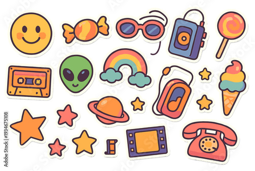 Collection of colorful stickers showing various designs including