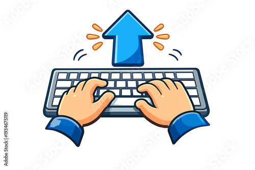 Hands typing on a keyboard with an upward arrow symbol suggesting