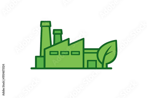 Factory with smokestacks and green leaf symbolizing sustainability and