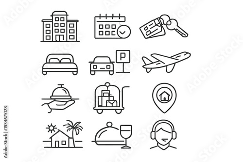 Hotel icons showing various activities related to travel and lodging