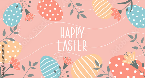 Happy Easter banner with decorated eggs and floral decorations. Minimalist festive design for spring holiday. Cute greeting card.