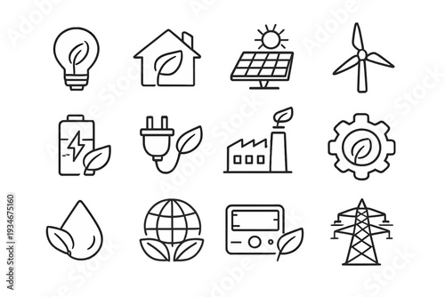 Icons representing renewable energy sources technology and sustainable