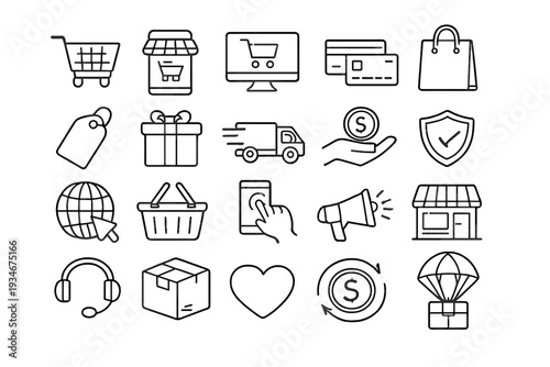 Icons of shopping and delivery tools found in online retail