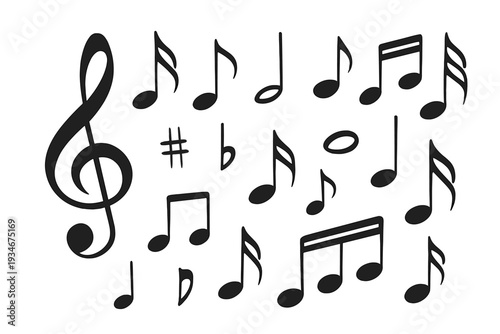 Musical notes arranged in various positions on a plain background for
