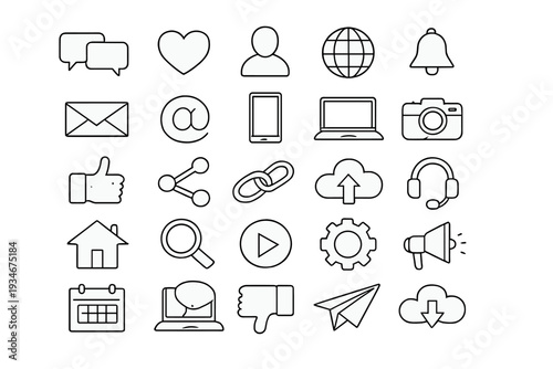 Collection of simple icons depicting social media and communication