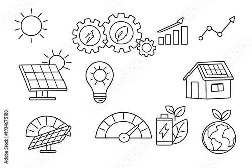 Different symbols related to renewable energy and sustainability on a