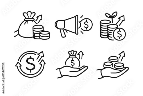 Icons showing financial growth with money bags coins and a megaphone