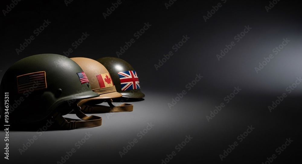 Fototapeta premium Military helmets with flags of united states canada and united kingdom lined up in dark studio setting representing alliance nato forces international defense cooperation