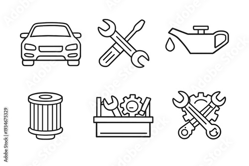 Car repair tools and maintenance items used in vehicle service at