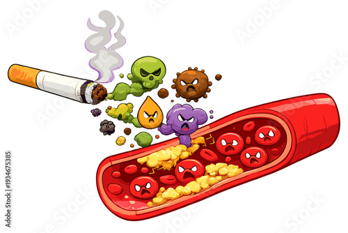 Illustration shows effects of smoking on blood cells and harmful