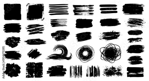 Paint brush strokes. Black vector rough edge rectangles. Grunge square frames set. Jagged edge torn paper background collection. Grungy distressed text boxes. Transparent background SVG version.