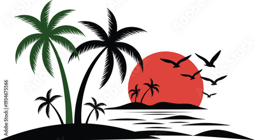 Tropical Island with Palm Trees at Sunset
