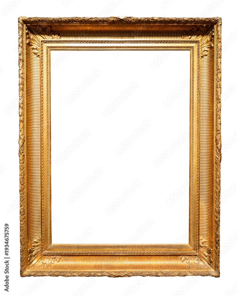 Fototapeta premium vertical old golden carved wide painting frame cutout on white background
