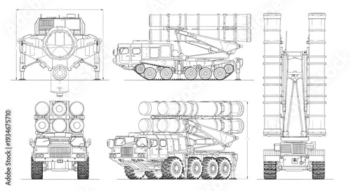 Military Missile Vehicle AutoCAD Blueprint Vector – Multi View Tactical Engineering Drawing