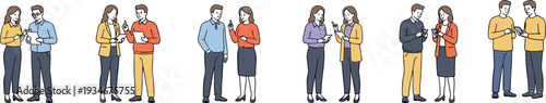 Inclusive illustration collection of office coworkers featuring pairs of men and women in colorful business casual attire