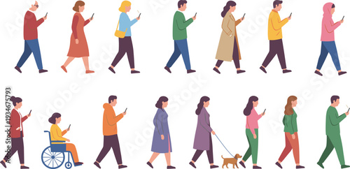 Minimal hand-drawn vector illustration set of diverse people walking while using smartphones in clean outline style and consistent stroke width