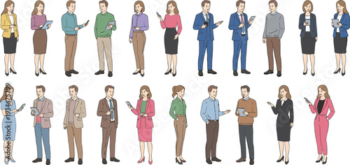 Minimal hand-drawn vector illustration set of diverse business professionals using smartphones, tablets, and documents in clean outline style