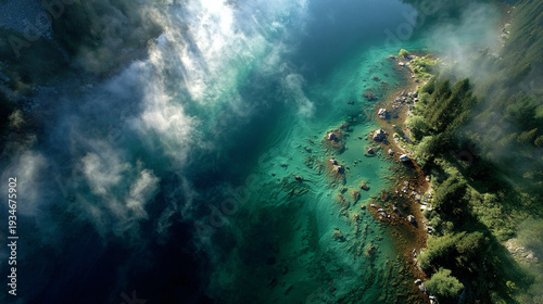 Lake mist drone, textured fog over water, sunlight illuminating layers, emphasizing aquatic textures, natural patterns, and serene alpine lake scenery.