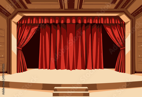 A grand theater stage set with an elegant deep red velvet curtain serves as a dramatic backdrop, inviting audiences into a world of performance, creativity, and storytelling.