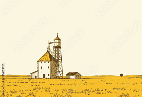 Tall Wooden Structures with Rusted Metal Rooftops in Vast Golden Prairie Under Clear Unobstructed Sky with One Small Distant Tree