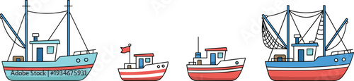 Minimalist vector set featuring commercial fishing boats trawlers and small tugboats in clean line art