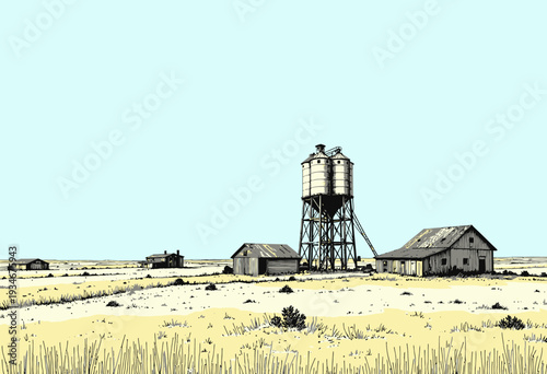 Idyllic Rural Landscape Featuring Old Farm Buildings and Towering Grain Silo Set Against Vast Open Skies and Expansive Plains in a Minimalist Style