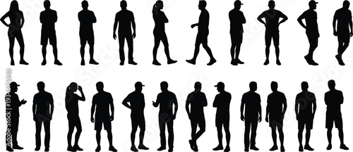 Vector set featuring diverse silhouettes of men and women in casual standing and walking poses