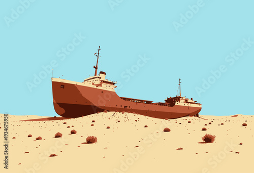 Rustic Cargo Ship Stranded in Arid Desert Landscape Under Clear Blue Sky Embodying Nature's Impact on Human Creations