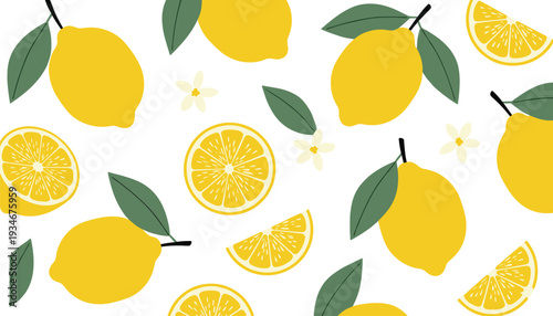Minimalist vector set featuring whole lemons with leaves citrus slices and white blossoms in flat design