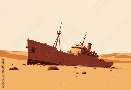 Rustic abandoned ship stranded in a vast desert setting, highlighting the contrast between maritime history and arid, barren landscapes in isolation.