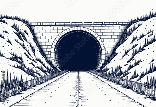 Mysterious Dark Tunnel Entrance Amidst Rocky Hills and Overgrown Vegetation, Perfectly Framed by a Long Linear Road Leading Into Darkness