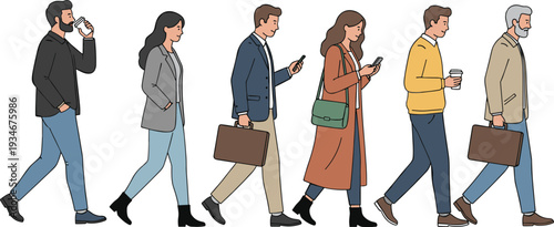 Vector set of commuting business professionals walking with briefcases coffee cups and smartphones in thin line art