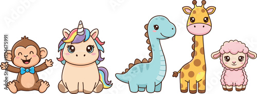 Vector set of cute kawaii animal characters including a rainbow unicorn monkey with bow tie and blue dinosaur