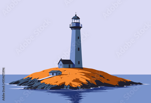 Solitary Lighthouse Standing on a Rocky Island Surrounded by Serene Blue Sea and Clear Sky Illustrating Tranquility and Isolation