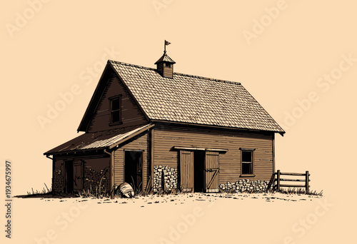 Rustic Wooden Barn with Stone Foundation and Red Flag Under Clear Sky in Serene Countryside Setting