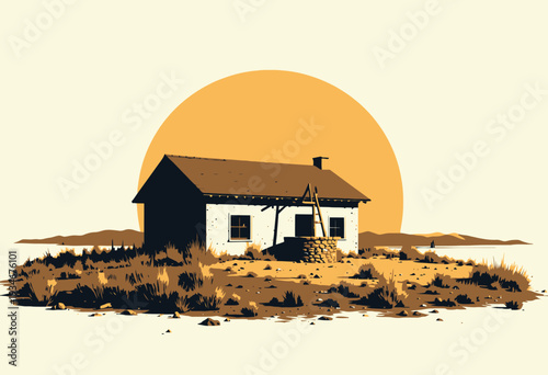 Solitary House in Vast Desert Landscape with Prominent Sun and Dry Vegetation under Clear Sky Illustrating Isolation and Tranquility