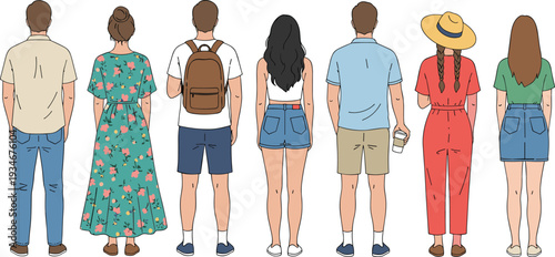 Vector set of diverse people seen from the back in casual summer attire including floral dresses shorts and sun hats