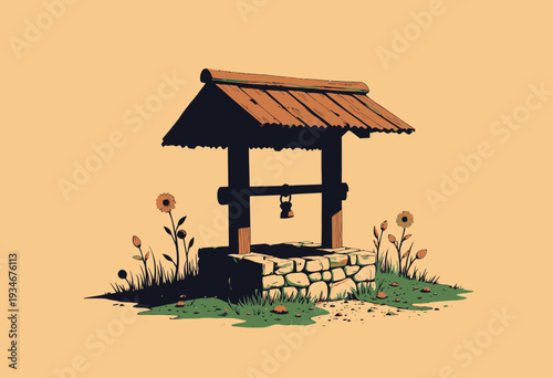 Rustic Stone Water Well with Wooden Roof Surrounded by Wildflowers Against a Simple Soft Tan Background