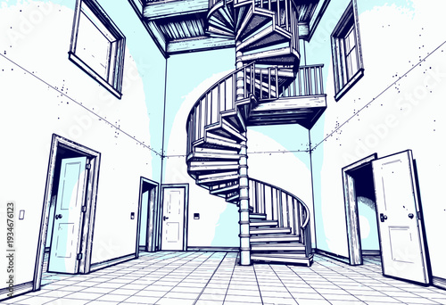 Intricately Designed Indoor Spiral Staircase in Modern Architectural Space with Multiple Doors and Tiled Flooring