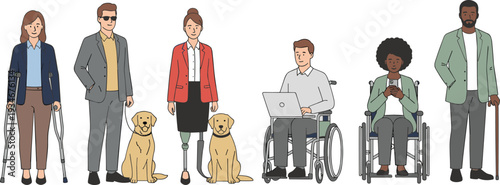 Vector set of diverse people with disabilities including wheelchair users individuals on crutches and prosthetic leg representation