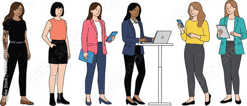 Vector set of diverse professional women using technology including entrepreneurs with laptops smartphones and digital tablets