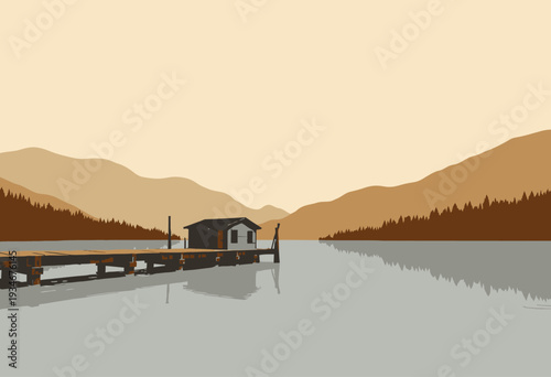 Tranquil Lakeside Cabin with Wooden Pier Surrounded by Majestic Mountains and Serene Reflection on Calm Waters at Dawn